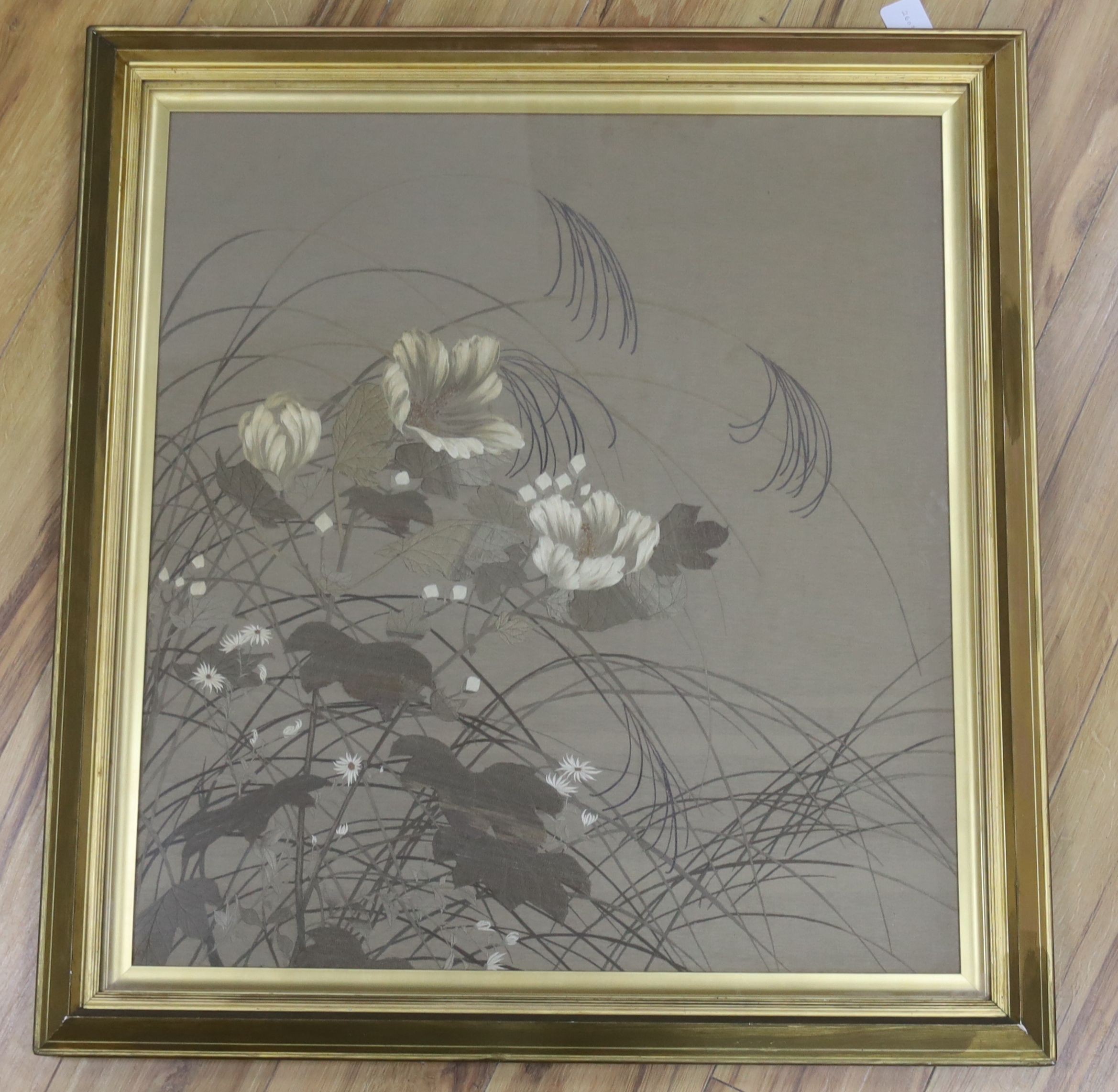 A Sozayemon Nishimura embroidered silk picture, framed 72cm x 66cm excl frame